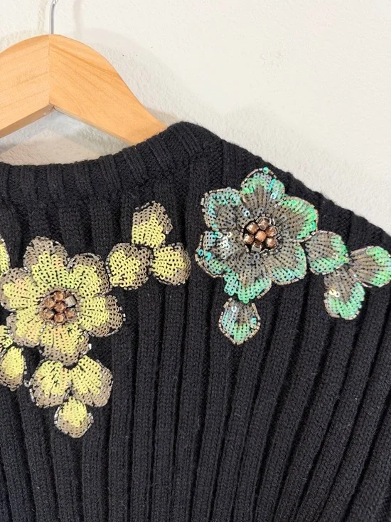 Zara Limited Edition Sequin Sweater Size S Black Ribbed Knit Beaded Floral - Picture 13 of 13